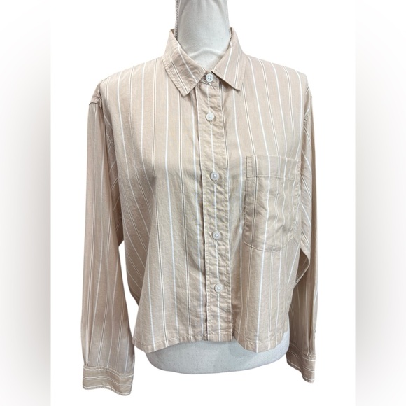 Everlane The Way-Short Shirt Cotton Beige Bone White Stripe Button Up Medium - Picture 2 of 11